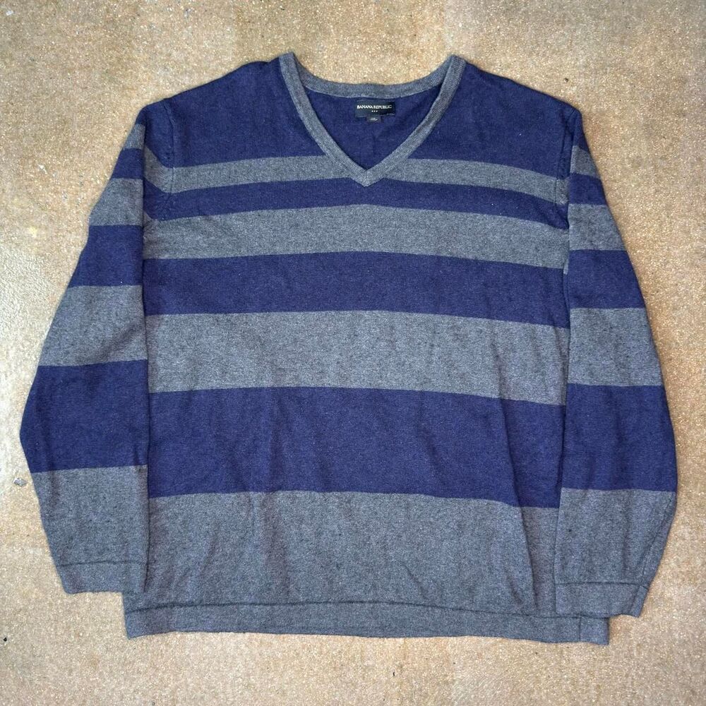 Banana Republic Men's XXL‎ Striped V Neck Sweater Blue Gray Cotton Wool Knit